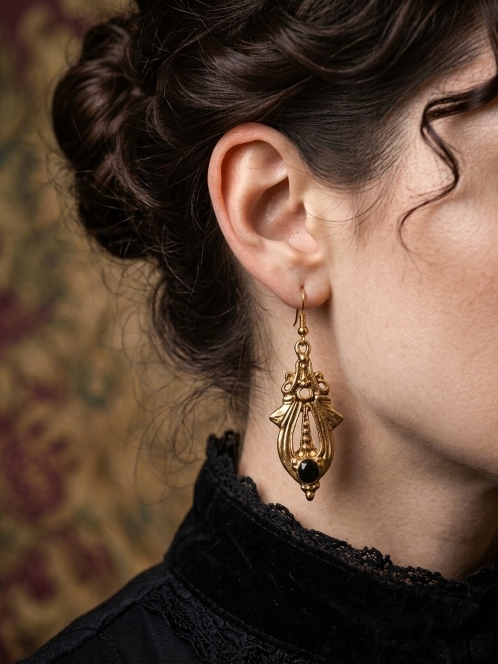 Vintage Gold Ornate Dangle Earrings Black Onyx Style Detail Victorian Revival